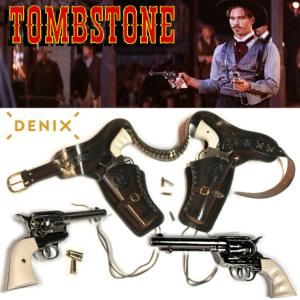 TOMBSTONE - LOT 2 REVOLVERS COLT 45 SAA PEACEMAKER TOUT METAL CHROMÉ + CEINTURON + 2 HOLSTERS + 24 BALLES FACTICES (VERSION DENIX)