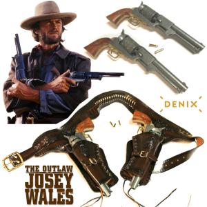 THE OUTLAW JOSEY WALES - LOT 2 REVOLVERS COLT US NAVY + CEINTURON + 2 HOLSTERS + 24 BALLES FACTICES TOUT METAL (VERSION DENIX)