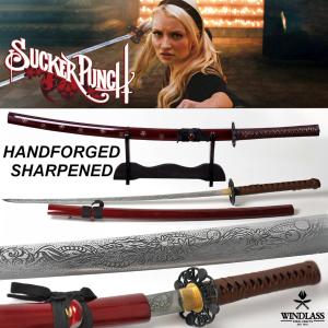 SUCKER PUNCH - REPLIQUE SABRE KATANA BABYDOLL LAME "AFFUTEE" FORGE MAIN + KIT ENTRETIEN + SUPPORT BOIS (REPRODUCTION ART REPLICAS / WINDLASS STEELCRAFTS)